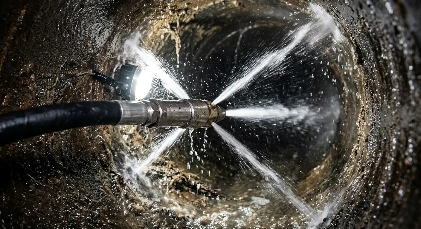High-pressure hydro jetting nozzle cleaning sewer pipe for Emergency Drain Service in New Holland