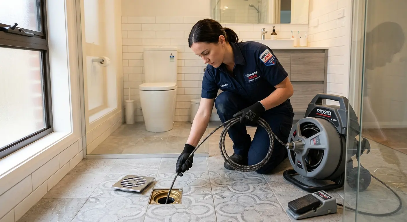 Technician clearing a bathroom floor drain for Drain Repair in New Holland